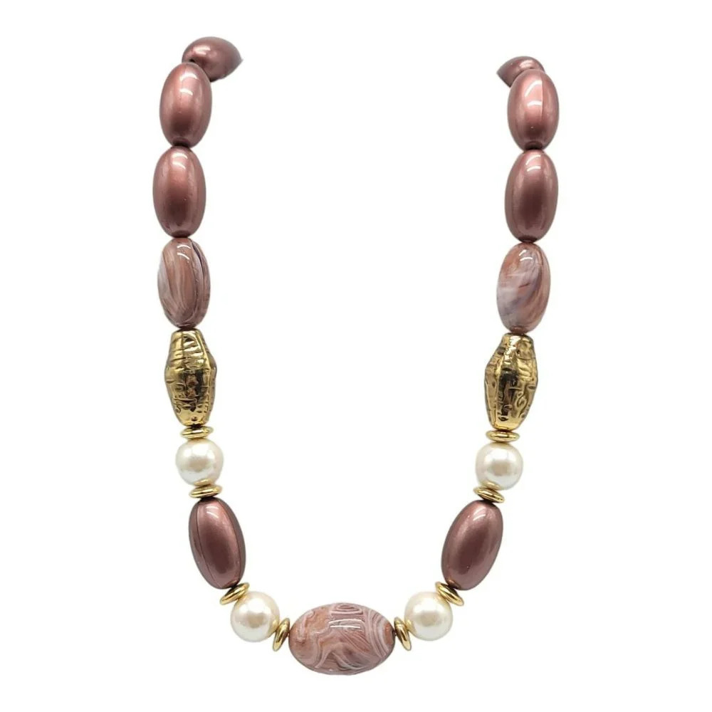 Acrylic Dark Pink Oval Bead Large Acrylic Pearl Accent Beaded Necklace Vintage